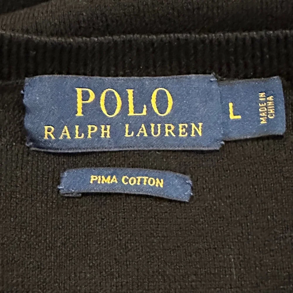 Polo Ralph Lauren Sweater Mens L Black Pima Cotton V-Neck Purple Pony Pullover
